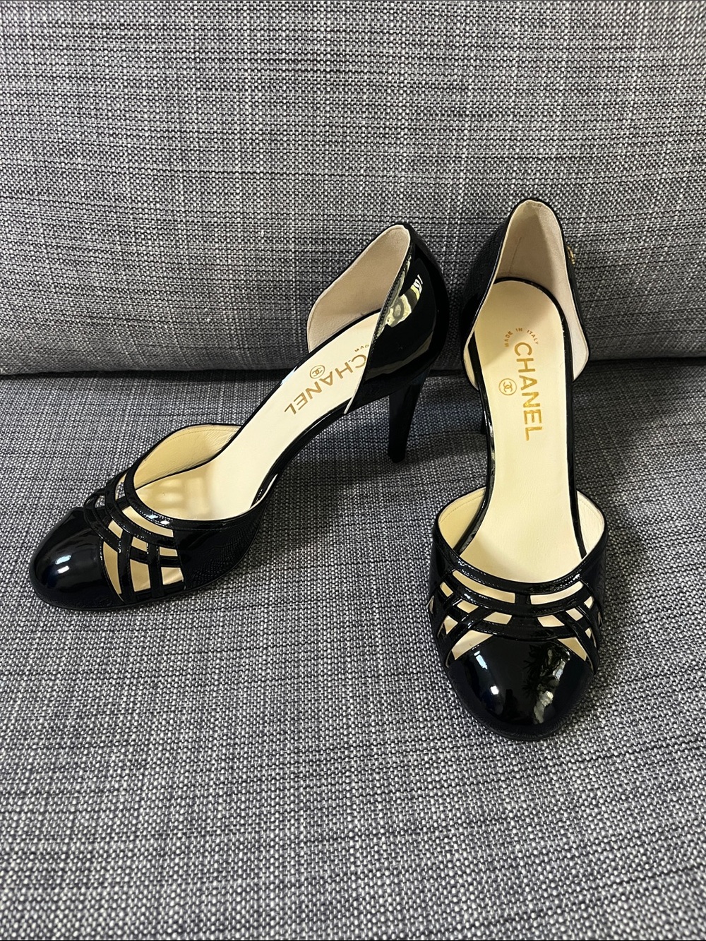 CHANEL Black Patent Leather D'Orsay Heel with Strappy Toe Detail, Sz 41
